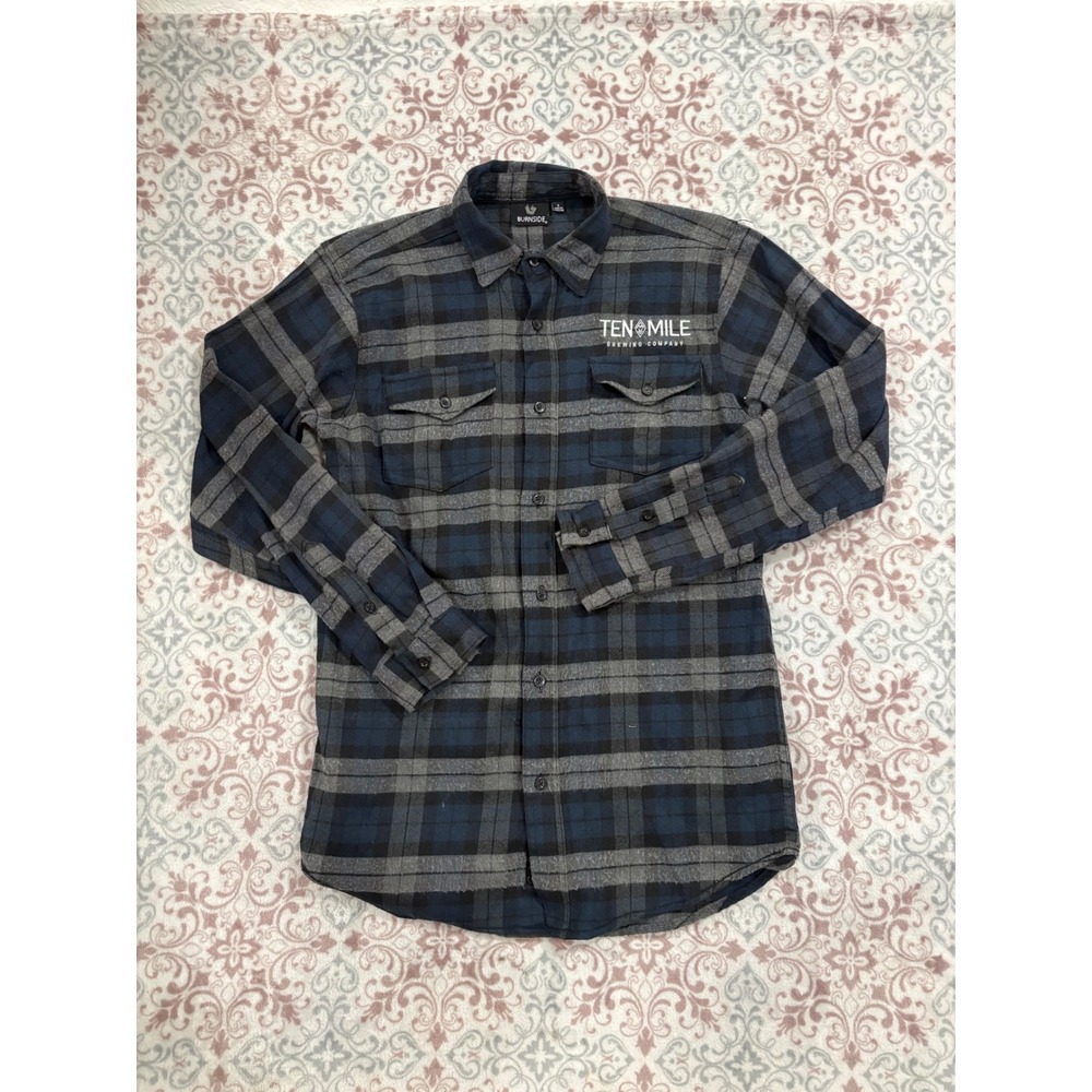 Burnside Mens Blue Plaid Flannel Ten Mile Brewing Co Logo Shirt Small